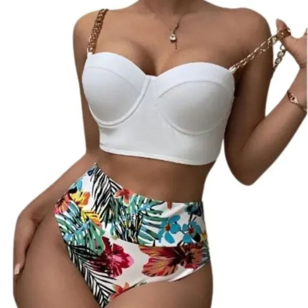 NWT White Push Up Bikini Top with High Waist Floral Bottoms